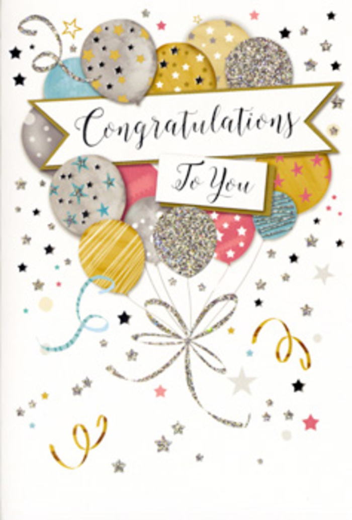 In this image, a refined congratulations card is propped open slightly, revealing a front design that captures the essence of a joyful celebration in and around Gidea Park. At the centre floats a stylised bunch of balloons, drawn with a gentle roundness that makes each one feel soft and light, as though they might drift above the treetops of Raphael Park. The colour palette is tasteful and modern: shimmering golds and silvers, warm champagne tones, soft blush pink, serene sky blue and muted grey, all blending together to create a harmonious, party-ready bouquet. Subtle glitter accents and tiny metallic stars dust several of the balloons, catching the light so they seem to sparkle, while others carry fine stripes or speckled patterns that add variety without overwhelming the eye. Slender metallic ribbons trail from the base of the balloons, curving and looping like calligraphic flourishes, eventually gathering into one elegant, invisible knot. Around the cluster, the card is scattered with tiny stars, confetti-like dots and curling lines that look like festive streamers tossed into the air during a surprise celebration. A graceful banner unfurls across the centre, resting gently on the balloons and bearing the words Congratulations To You in flowing script that suggests sincerity and warmth. The background remains pale and uncluttered, allowing the metallic hues and glitter highlights to stand out, much like a well-arranged bouquet on a simple table in a Gidea Park home. It feels like the perfect finishing touch to accompany fresh flowers for promotions, graduations or any achievement that deserves to be marked with quiet pride and sparkle.