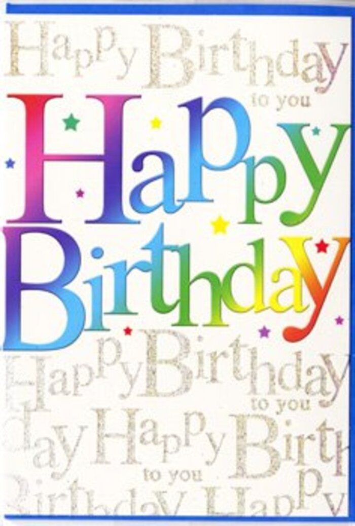 The birthday card in this image radiates pure festivity, as though it has captured the spirit of a lively celebration in Gidea Park and transformed it into ink and colour. The phrase Happy Birthday stretches confidently across the centre, each letter large and rounded, transitioning effortlessly through a full spectrum of colours-deep ruby and magenta at one end, flowing into zesty orange, lime, rich teal, and bright lemonyellow at the other. The colour gradients inside each character are soft and expertly blended, giving the impression of airbrushed paint or pastel chalk, and suggesting a soft, velvety texture under the fingertips. Lightly scattered around the lettering are small, multicoloured stars and speckles, like confetti drifting through the air at a birthday party held near Raphael Park, adding a sense of motion and playful sparkle to the otherwise flat surface. Behind these exuberant letters, the entire background is covered with repeating lines of cursive gold text, each line reading Happy Birthday to you in a delicate, flowing script. The ink has a metallic sheen, catching light in much the same way morning sun glints off the tidy front gardens along Main Road. The golden words form a gentle pattern, never overpowering the main message, instead providing a warm, shimmering backdrop that deepens the overall sense of celebration. The card stock appears sturdy and smooth with a satin finish, giving it a refined, high-quality feel. This is the kind of card a local florist at Flower Delivery Gidea Park might choose to accompany a bright birthday bouquet, adding a polished, heartfelt touch that complements the colour and joy of the flowers.