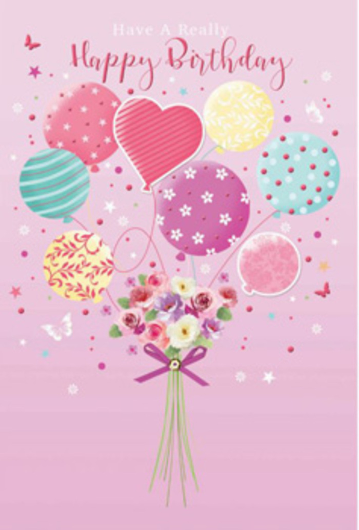 This birthday card artwork unfolds like a sweet story told in pastels, as if created by a local artist inspired by the peaceful streets of Gidea Park. The background is a gentle blush pink, soft and welcoming, setting the stage for a floating bouquet that seems to hover in celebration. At the base, a hand-tied cluster of dainty roses and small, daisy-like blossoms nestles together in creamy white, shell pink, and pale mauve. The flowers are full and lush, each bloom shaded to show layers of petals curling inward to a soft centre, suggesting the delicate fragrance you might notice walking past a florist's doorway on Balgores Lane. A sparkling purple bow gathers the slender stems, the satin ribbon rendered with highlights that make it shimmer and twist. From this anchored bouquet, a playful bouquet of balloons rises upwards, as though ready to drift over nearby Raphael Park. The balloons are round and heart-shaped, painted in pastel tones of sea green, lilac, lemon yellow, and pale rose, each with its own personality: some adorned with swirling ribbon stripes, others with dots that seem to dance, and a few with tiny floral motifs that echo the blossoms below. Soft light spills across the design, reflecting gently from the balloon surfaces and brushing the tops of the petals, casting the scene in a warm, celebratory glow. Little stars and butterfly silhouettes flutter around the arrangement, adding a sense of movement and wonder. The entire composition feels tender, whimsical, and thoughtfully arranged, like a birthday wish handcrafted to make someone in Gidea Park feel truly treasured.