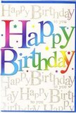 This image shows a jubilant birthday card whose design feels as lively as a birthday tea with friends in Gidea Park. Taking up most of the front, the words Happy Birthday are written in large, rounded letters that blend through a vibrant rainbow of colour-starting with deep reds and pinks, sliding smoothly into tangerine, fresh green, turquoise, and sunny yellow. Each letter appears softly shaded, giving the illusion of depth and softness, like the velvety surface of a carefully iced birthday cake. Scattering the space around the text are tiny, colourful starbursts and specks, in shades of blue, pink, gold, and purple, echoing the look of confetti tossed across a party table not far from Raphael Park. Behind this spirited display, the background is filled with repeated lines of fine, cursive gold lettering, each line whispering Happy Birthday to you in elegant, looping script. The metallic ink has a gentle shimmer, catching and reflecting light as if the card were tilted under the soft glow of a Gidea Park living-room lamp on a cosy evening. The contrast between the bold, multicoloured letters and the delicate golden script creates a satisfying visual rhythm: lively in the foreground, quietly refined behind. The card stock looks smooth and slightly glossy, promising a pleasant, almost silky feel when held. Altogether, the design feels thoughtful and celebratory, the kind of birthday card that could be tucked into a fresh floral arrangement delivered to a doorstep in Gidea Park, turning a simple greeting into a vivid, memorable moment.