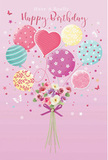 A whimsical birthday illustration shows a pastel bouquet and balloon display that could easily be imagined gracing a Gidea Park home for a loved one's special day. Set against a soft pink backdrop, a generous hand-tied bouquet blooms at the base, filled with small roses and airy, anemone-like flowers in creamy ivory, blush pink, and dusky mauve. Their petals appear feathery and layered, arranged tightly enough to feel abundant, yet loose enough to keep the design light and airy. The stems are bound with a violet satin bow that gleams subtly, its knot firm and its ribbon tails curling as if freshly tied by the florists at Flower Delivery Gidea Park. From this gathered cluster of blooms, an array of pastel balloons floats gracefully upward. The balloons range from round to a central heart-shaped form, painted in gentle hues of sea green, soft lavender, sunshine yellow, and rosy pink. Each one carries its own cheerful pattern-candy-coloured stripes spiralling upwards, playful polka dots scattered like confetti, and delicate floral prints that mirror the bouquet below. Light glances off the balloons, giving them a glossy finish, while a softer glow rests on the petals, suggesting the warmth of a late afternoon in nearby Raphael Park. Tiny stars and flitting butterflies are sprinkled around the composition, evoking a sense of fairy-tale magic and childlike delight. The entire scene captures the essence of a birthday meant to be bright and unforgettable-a floating celebration of flowers and colour that feels perfectly at home in the calm, friendly streets of Gidea Park.