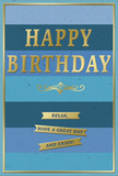 This beautifully composed birthday card features a tranquil blue and gold design, reminiscent of a quiet celebration in a Gidea Park home filled with fresh flowers and soft light. The entire front is arranged in wide horizontal stripes of blue, each band a different shade, ranging from deep navy at the top through mid-toned denim and teal, down to paler, airy blue at the bottom. The transition between these hues creates a harmonious ombre effect, like the gentle shift of evening sky over Lodge Farm Park. In the centre, the phrase HAPPY BIRTHDAY appears in large, embossed gold capitals, the lettering bold yet refined. The metallic finish catches and reflects light, producing a subtle, elegant gleam that suggests candles or fairy lights at a birthday gathering. Directly beneath this prominent greeting is a delicate golden flourish, an ornamental curve that adds a hint of vintage charm and connects the main message to what lies below. Under the flourish, three slender gold banners sit in a neat vertical stack, each carrying part of a warm wish: Relax, have a great day and enjoy! The card is encased in a narrow gold border, which frames the blue stripes and makes the design feel complete and thoughtfully composed, much like a carefully curated bouquet from Flower Delivery Gidea Park. The card stock appears smooth and slightly matte, enhancing the tactile contrast of the raised, glossy gold elements. Overall, the card radiates gentle joy and composure, the sort of birthday greeting that invites the recipient to pause, breathe, and savour their special day with calm contentment.